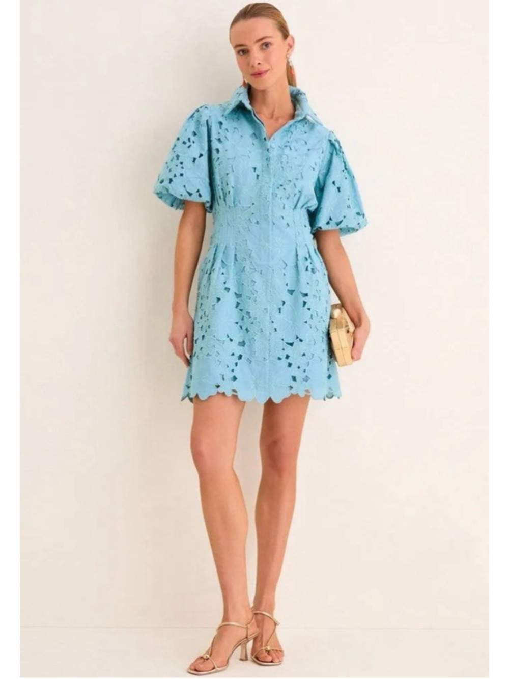 Tuckernuck Cameo Blue Collar Eyelet Mini Delaney Dress L Puff Sleeves Scallop - Picture 2 of 12